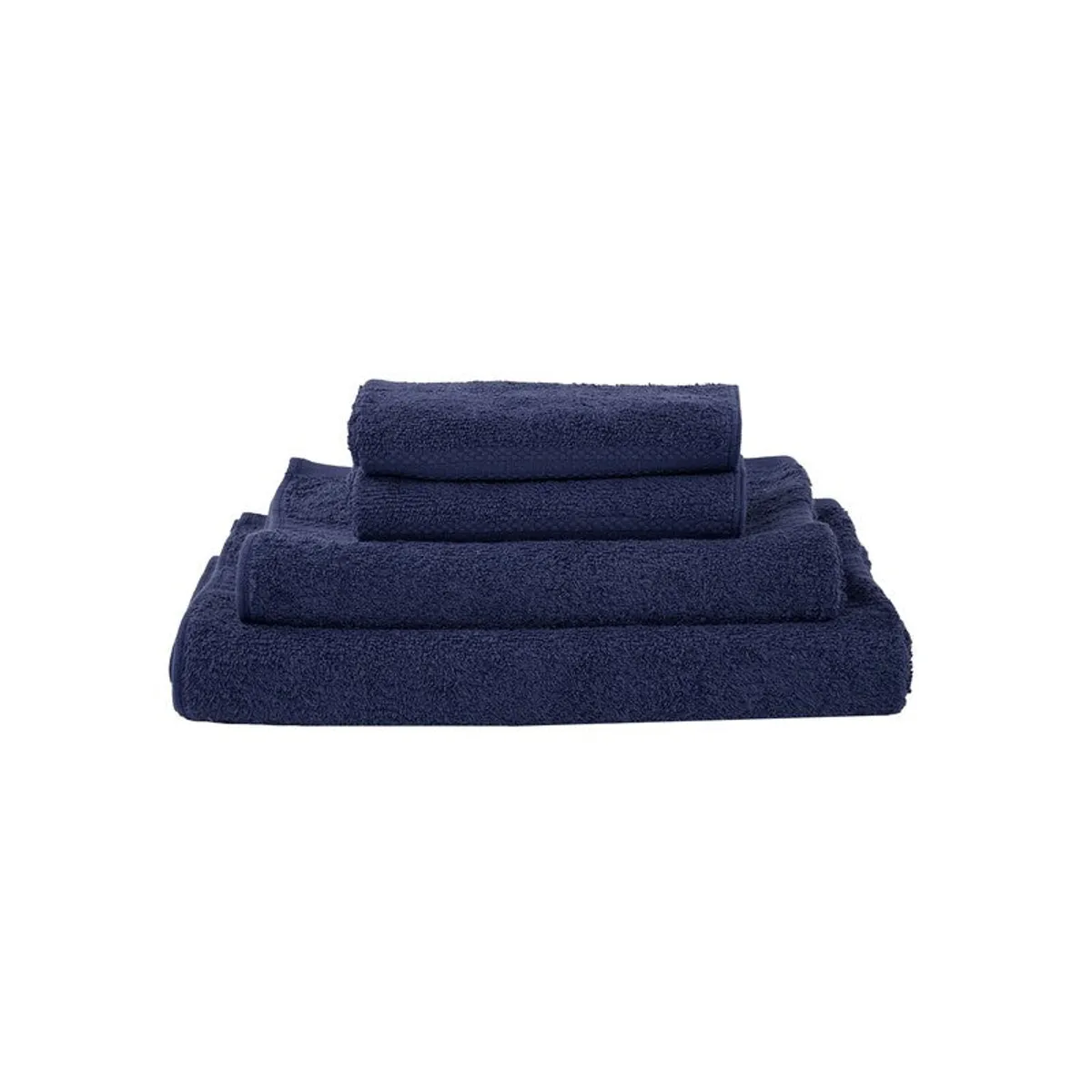 Folded blue towels arranged in a neat stack on a white background