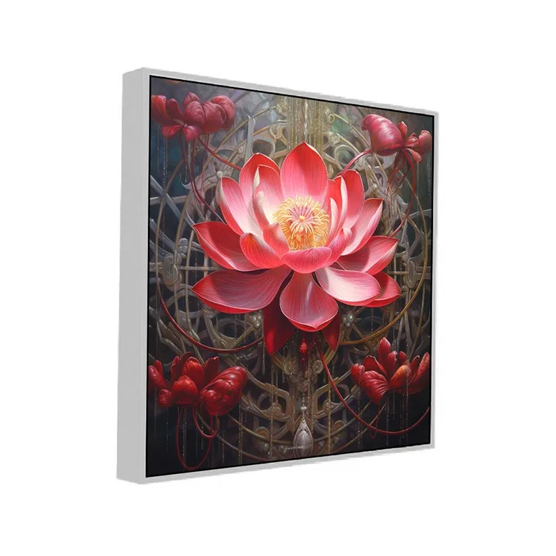 Glowing Lotus Canvas Wall Painting With Frame - White media 3
