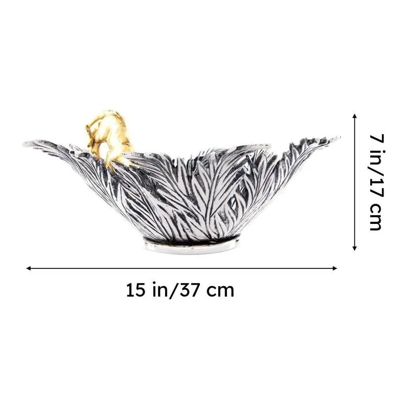 Silver leaf-textured accent bowl with gold panther detail and dimensions shown