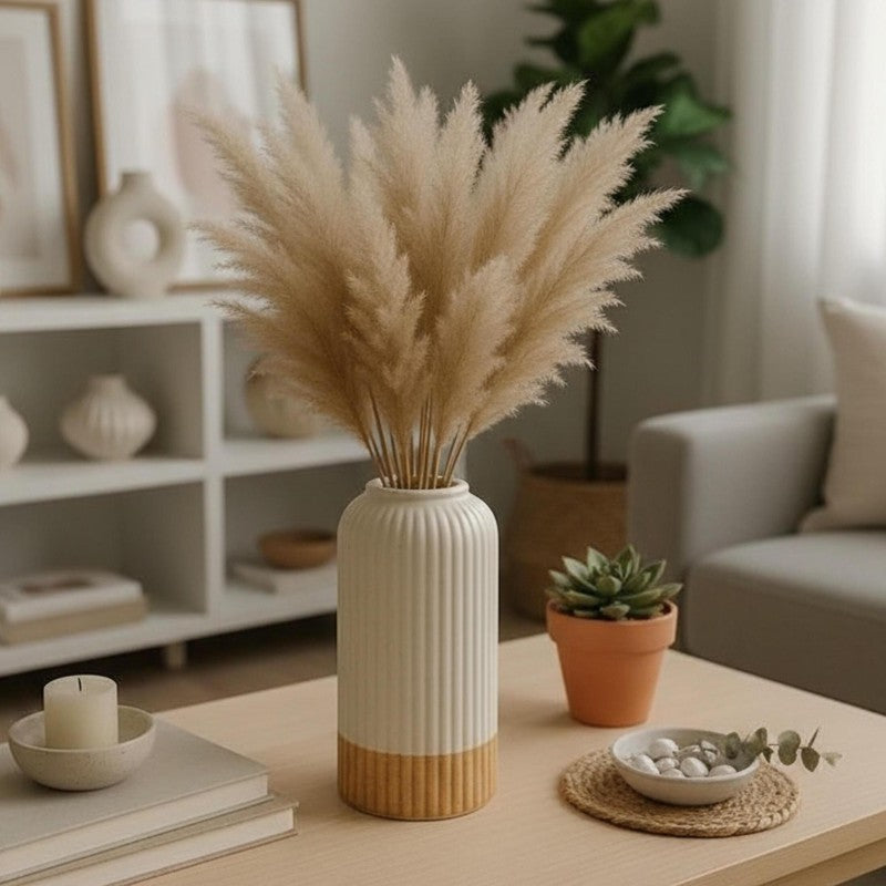 Ivory Ribbed Ceramic Vase