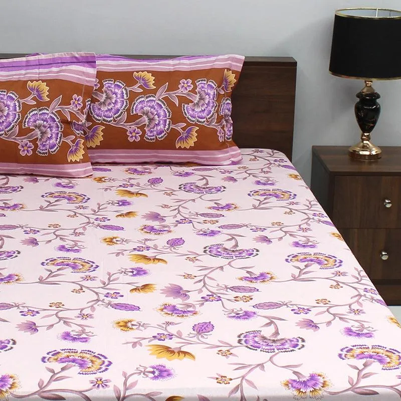 Siya Floral Cotton Bedsheet (Purple) - 110 TC media 1
