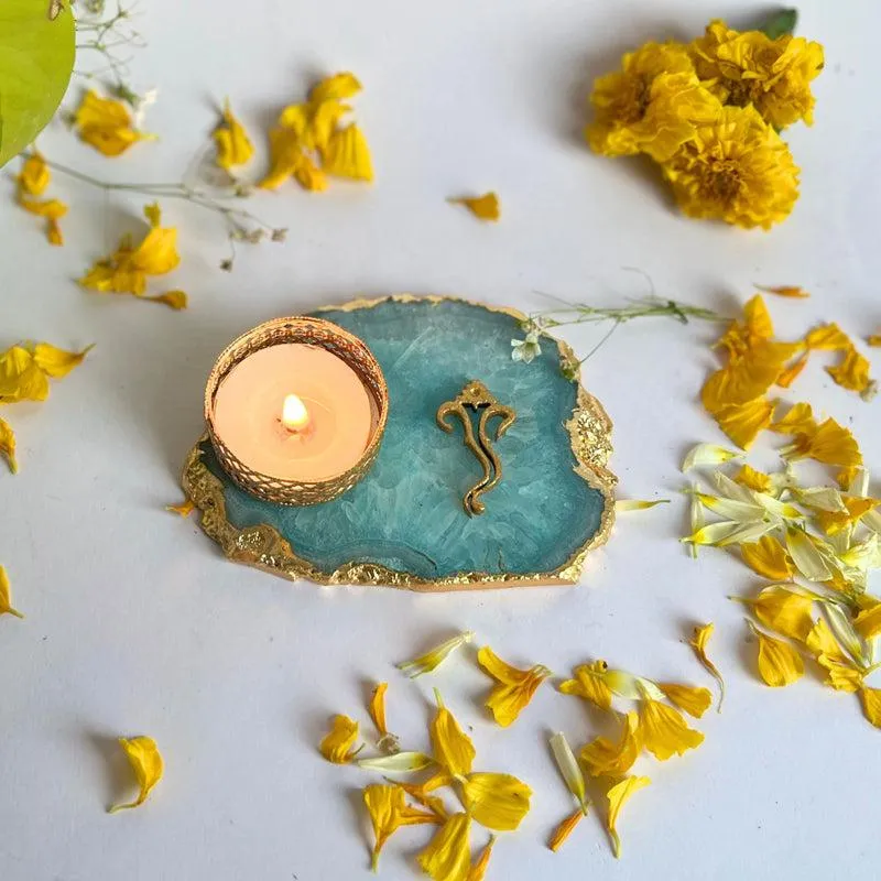 Ganesha Handcrafted Agate Tealight Candle Holder - Turquoise media 4