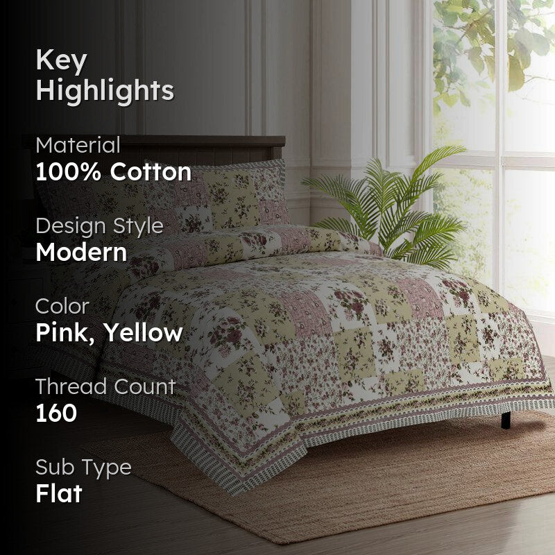 Buola Floral Cotton Bedsheet (Pink,Yellow) - 160 TC media 2