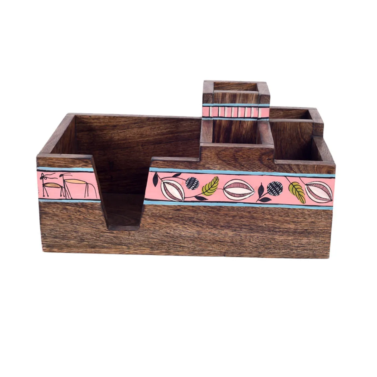 Empty brown wooden cutlery holder showing its open storage sections