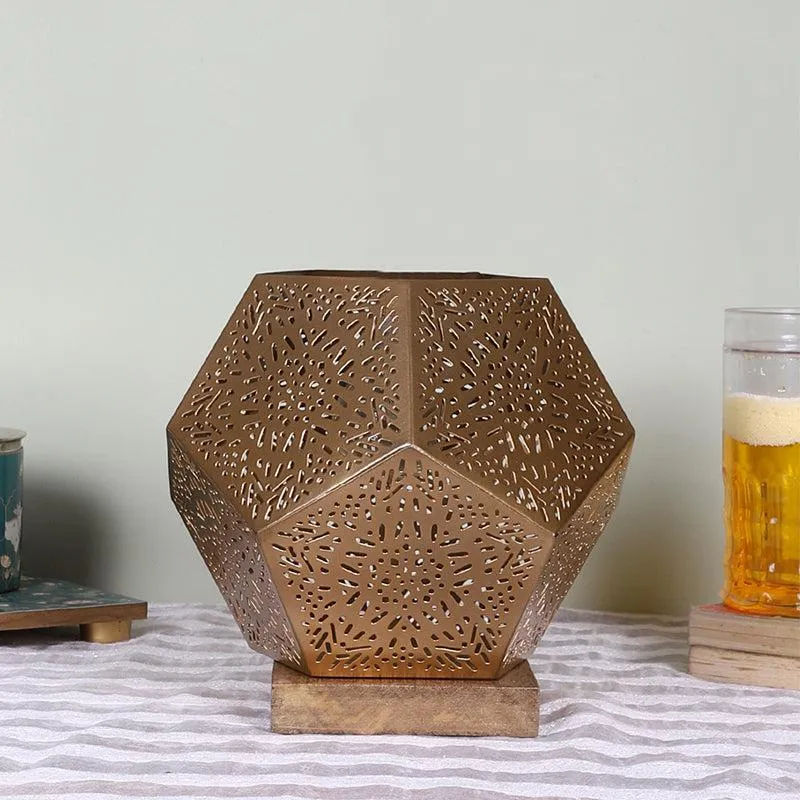 Hexa Flora Etched Metal Table Lamp With Wooden Base - Gold media 3