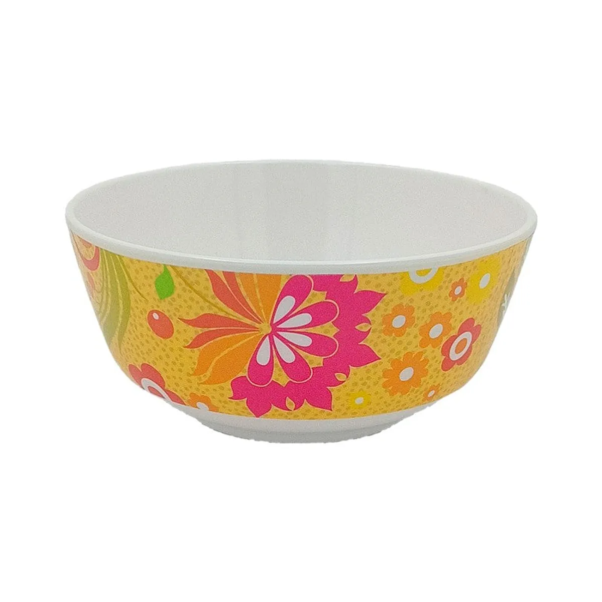 Single round snack bowl with a bright yellow and pink floral pattern