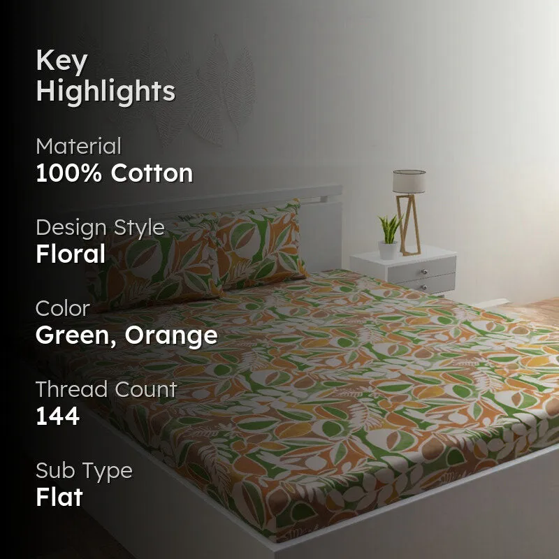 Spa Florals Cotton Bedsheet (Green, Orange) - 144 TC media 2
