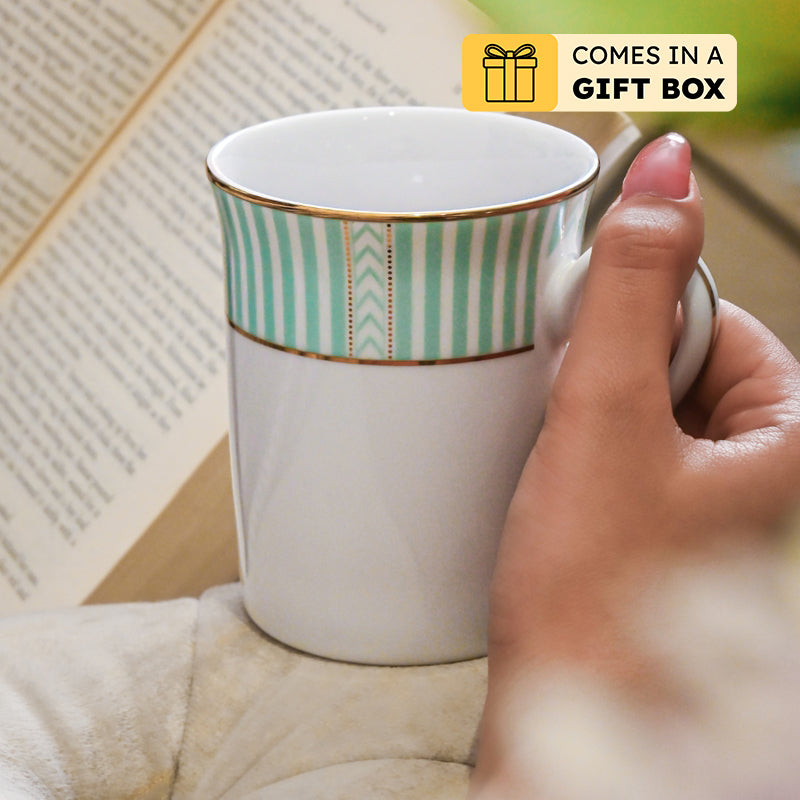 Stripe Classic 24k Gold Brushed Porcelain Coffee Mug (Green/300 mL Each) - Set Of Six