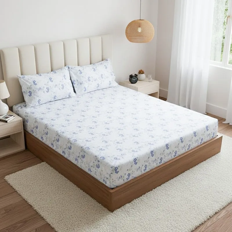 Nivara Floral Cotton Bedsheet (White,Blue) - 180 TC media 1