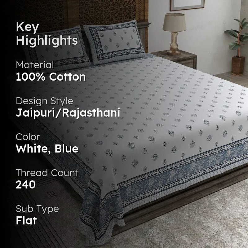 Gardenon Cotton Bedsheet (White,Blue) - 240 TC media 2