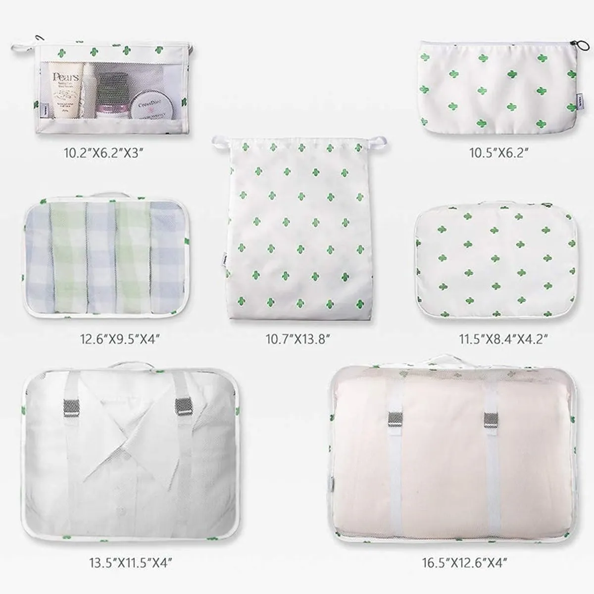Seven cactus-print travel organisers shown in different shapes and sizes.