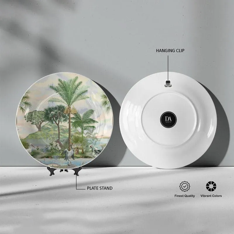 Front and back view of round decorative plate with hanging clip