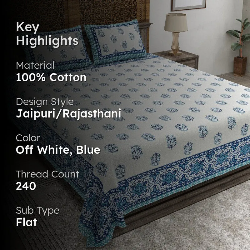 Bloomly Cotton Bedsheet (Off White,Blue) - 240 TC media 2