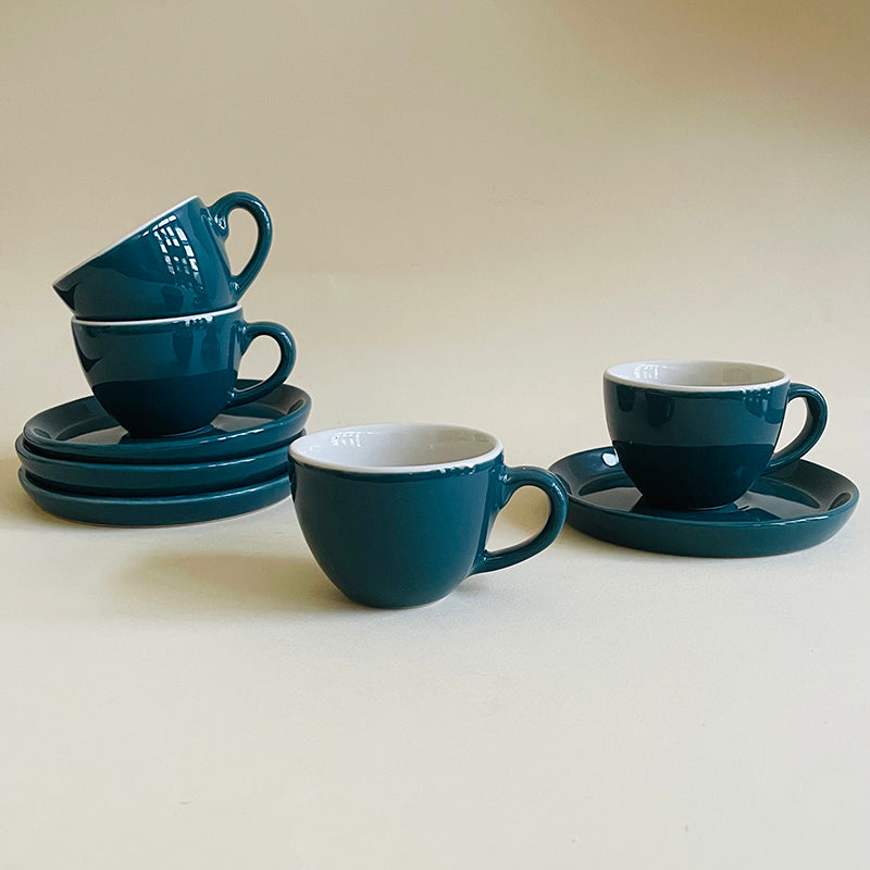 Blush & Brew Ceramic Cup & Saucer (Deep Green/100 mL Each) - Set of Four