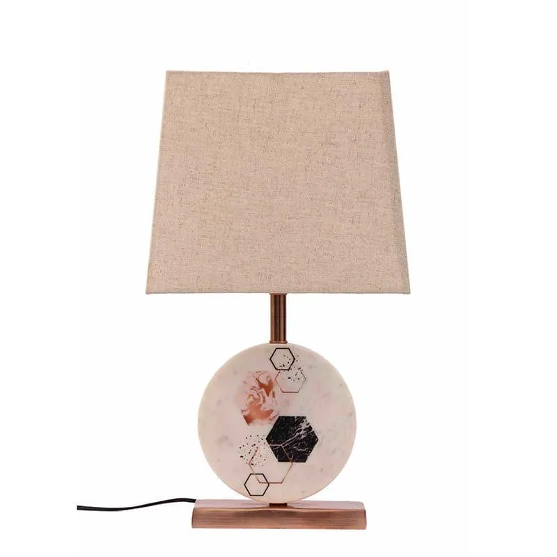 Hexa Marble & Copper Base Fabric Table Lamp - Beige,White media 3
