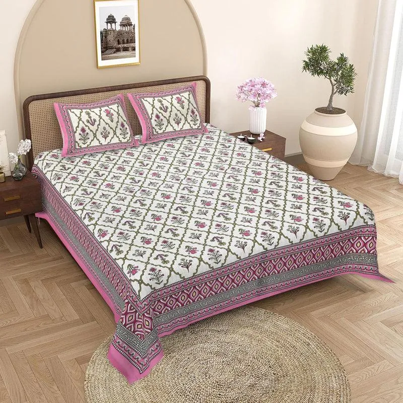 Adhira Ethnic Cotton Bedsheet (Pink,White) - 180 TC media 1