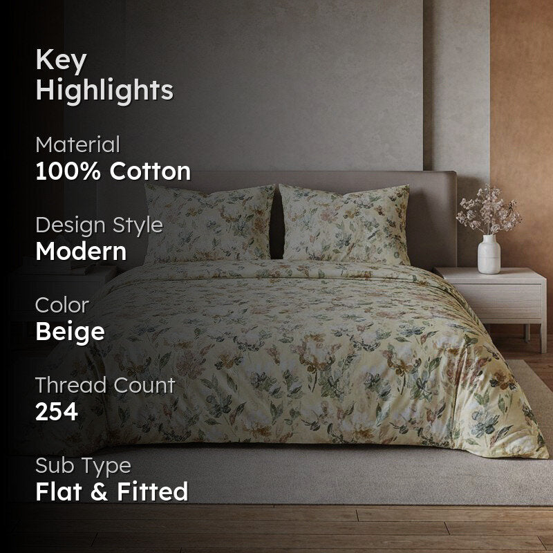 Teva Vintage Flora  Cotton Bedsheet (Biege) - 254 TC media 2