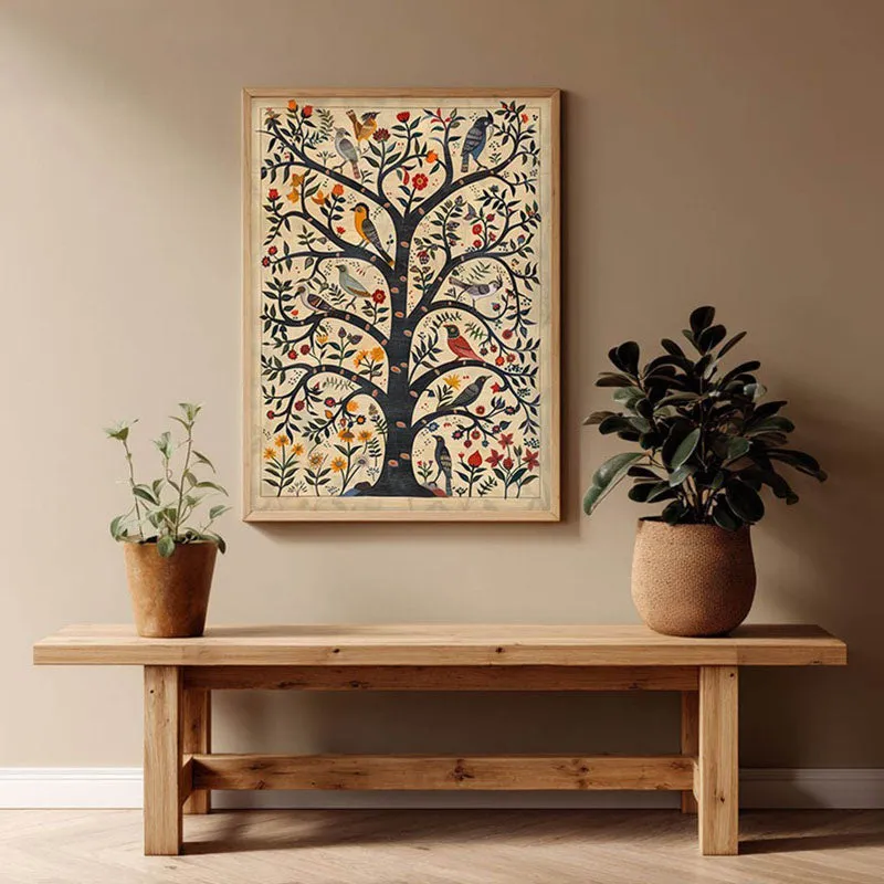Bloomspire Tree of Life Folk Art Canvas Wall Painting With Brown Frame media 5