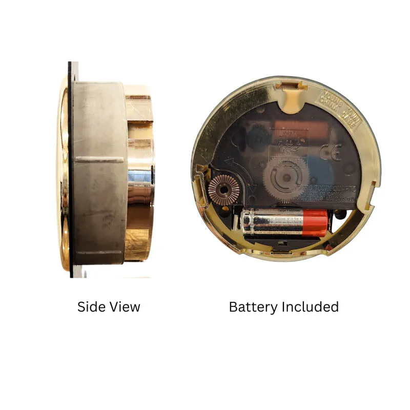 Side and back view of the clock mechanism and battery slot