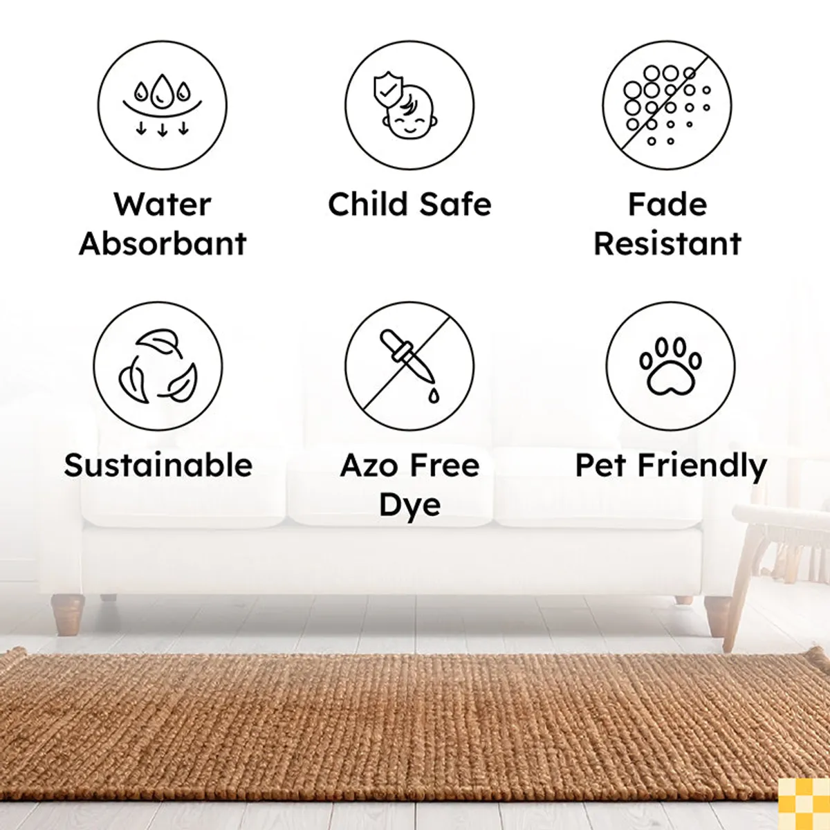 Graphic icons showing carpet features including water absorbent and pet friendly