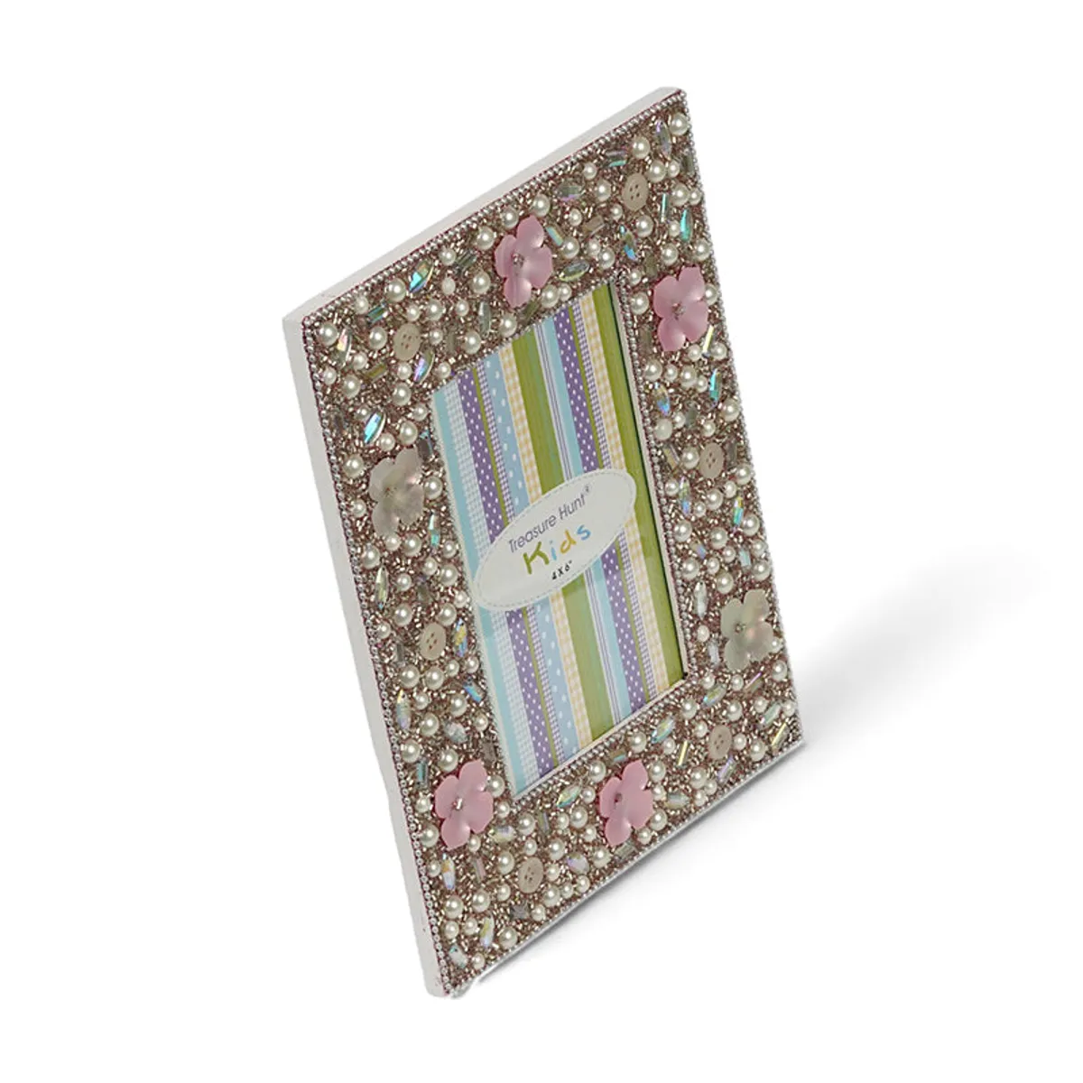 Angled view showing the ornate beaded border and rectangular shape of the photo frame.