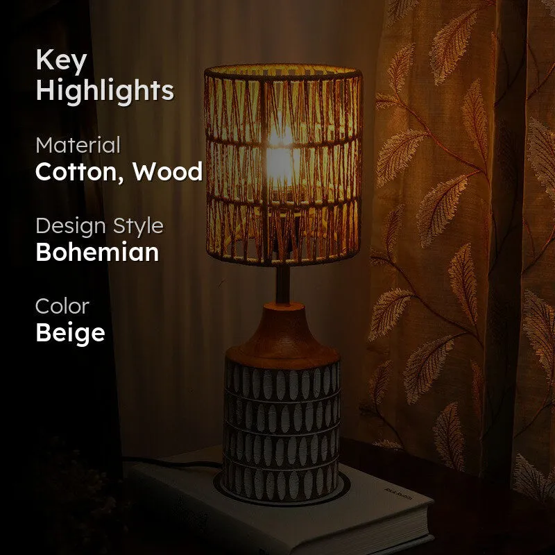 Canegrid Wooden Base Cotton Table Lamp - Beige media 2