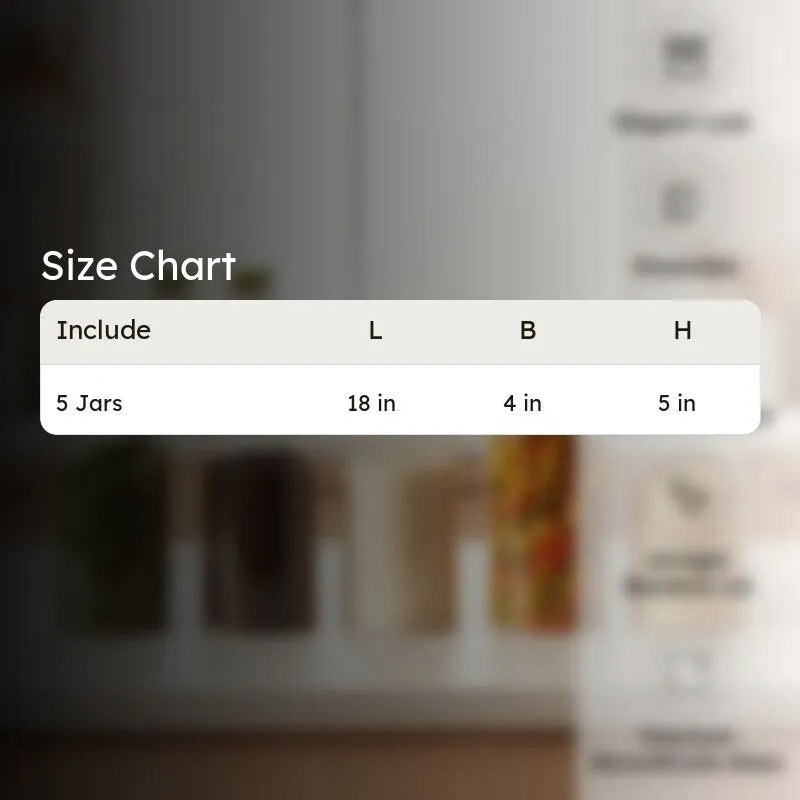 Size chart showing five jars with length, breadth and height measurements.