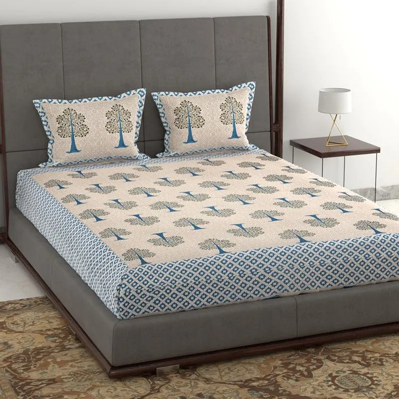 Geetika Printed Cotton Bedsheet (Beige) - 280 TC media 1