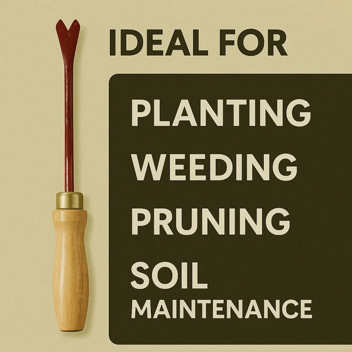 Wooden-handled garden weeder shown beside gardening task text