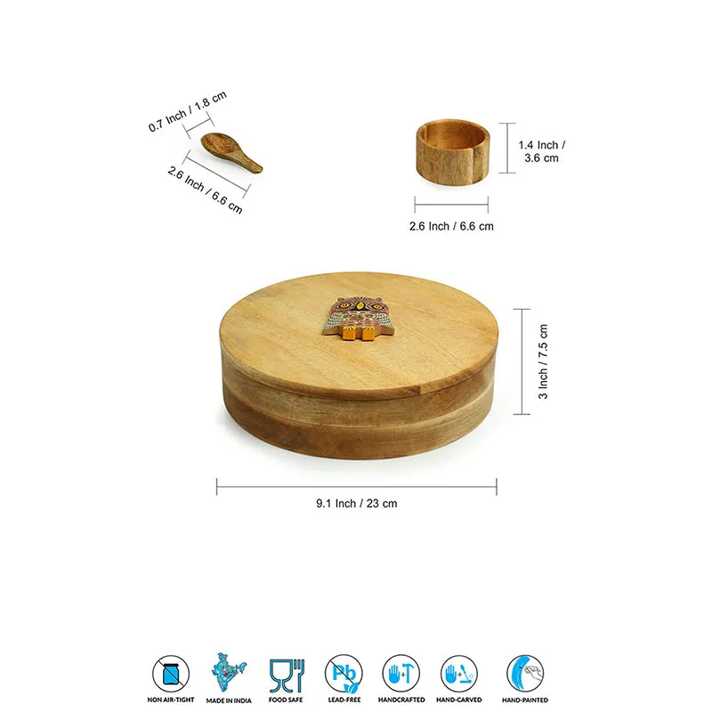 Mango wood masala box with visible size diagram and included spoon