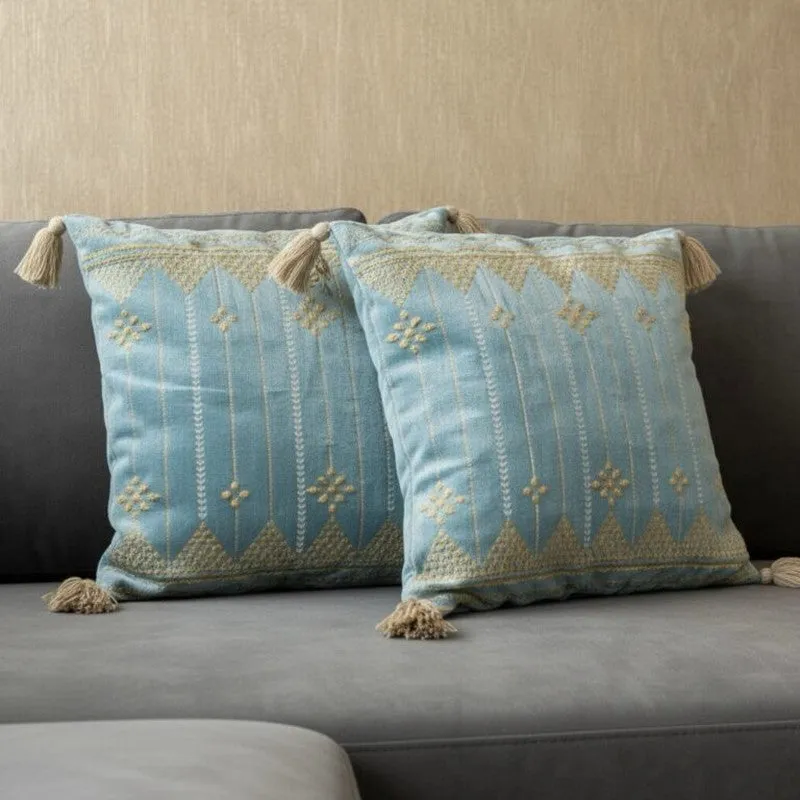 Azure Golden Bloom Embroidered Cushion Cover - Set Of Two media 1