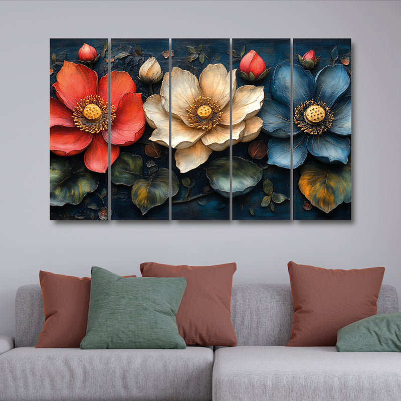 Tricolor Petals Canvas Wall Art - Set Of Five