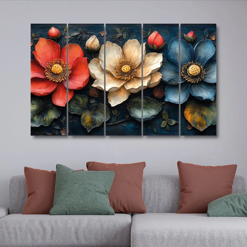 Tricolor Petals Canvas Wall Art - Set Of Five media 1