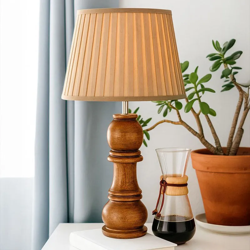 Pawn Wood Base Table Lamp with Pleated Fabric Shade - Brown media 3