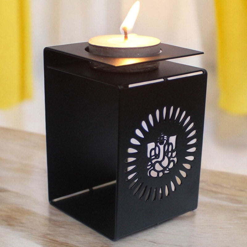 Ganesha Bless Black Tealight Candle Holder - Set Of Two