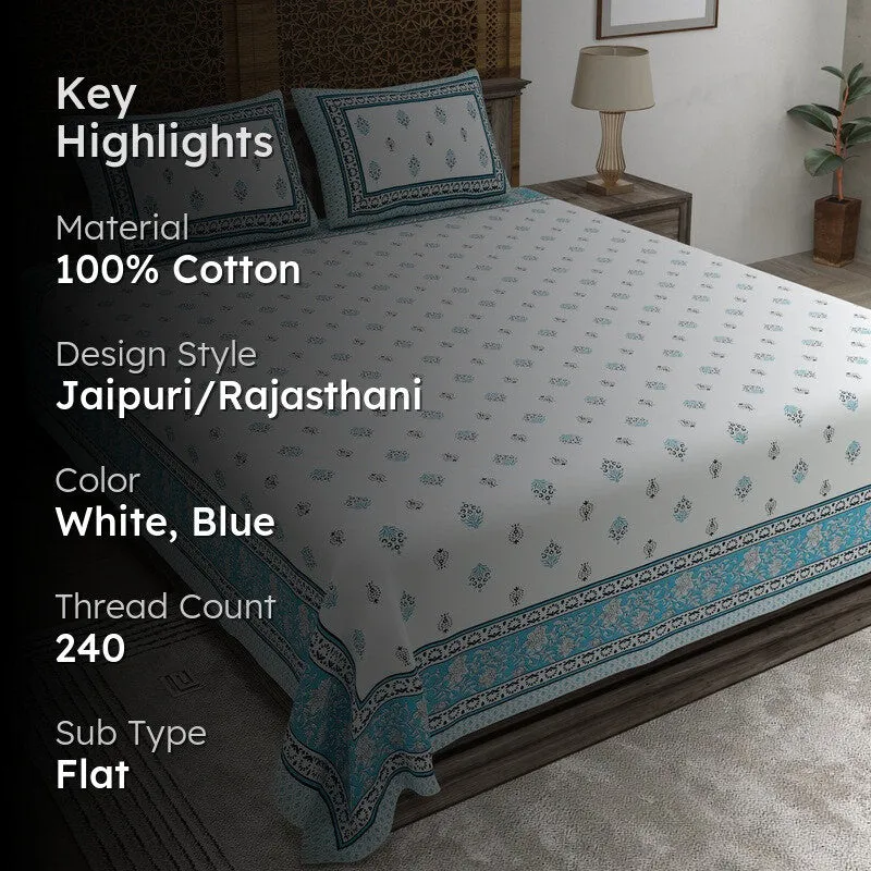 Gardenon Cotton Bedsheet (White,Teal) - 240 TC media 2