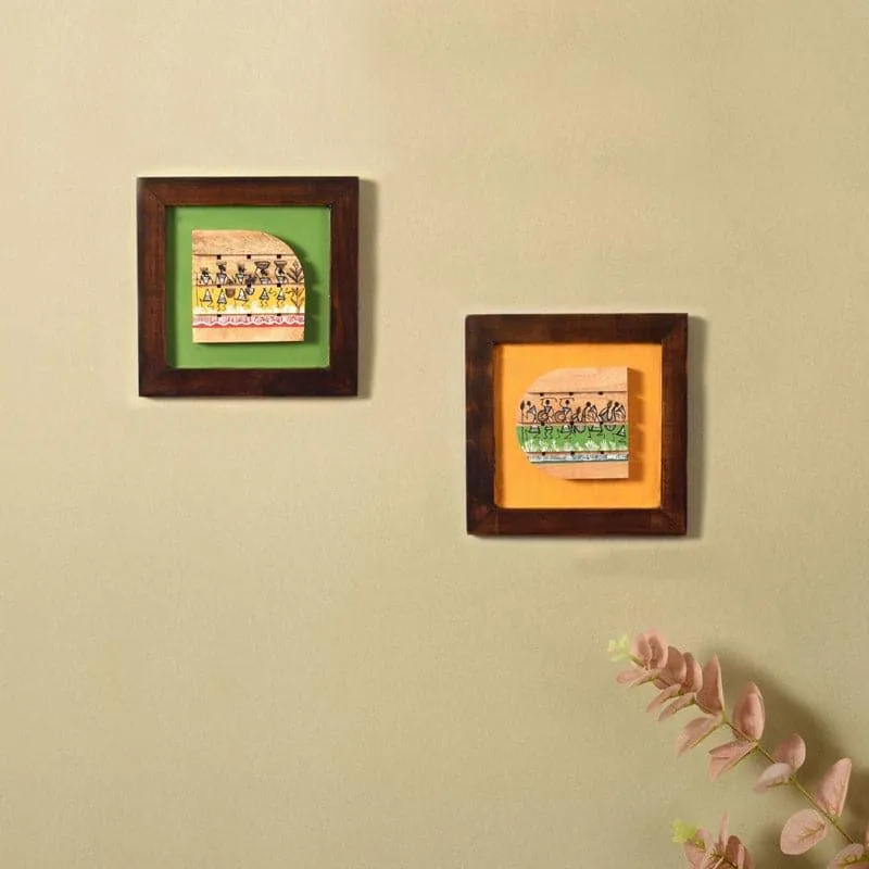 Warli Wrap Wooden Wall Art - Set Of Two media 1