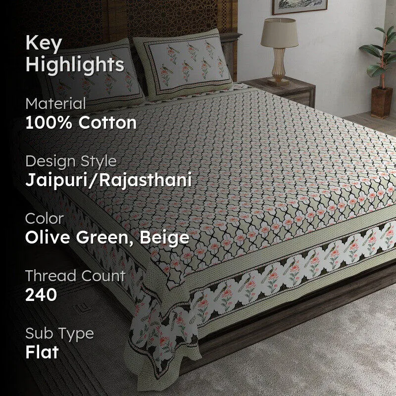 Patternza Cotton Bedsheet (Olive Green,Beige) - 240 TC media 2