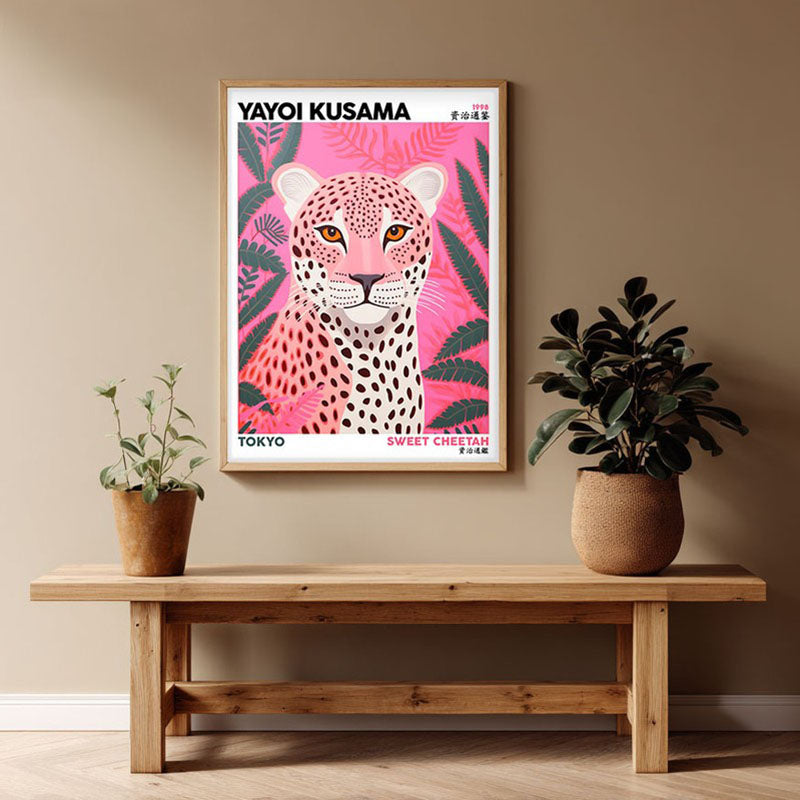 Sweet Cheetah Inspired by Yayoi Kusama Archival Canvas Wall Art - Natural Brown Frame