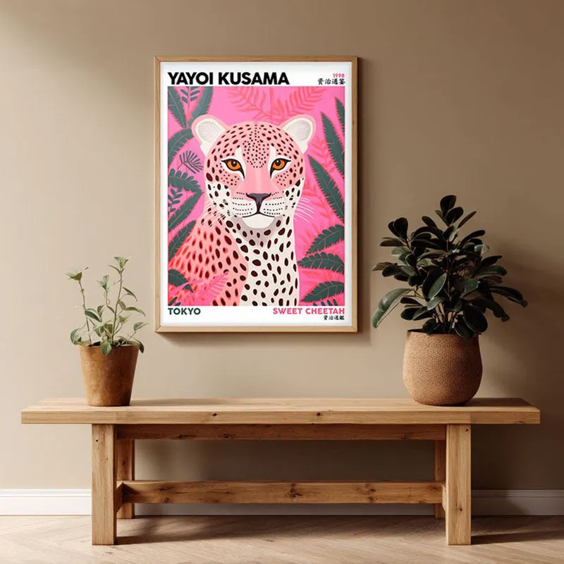 Sweet Cheetah Inspired by Yayoi Kusama Archival Canvas Wall Art - Natural Brown Frame media 1