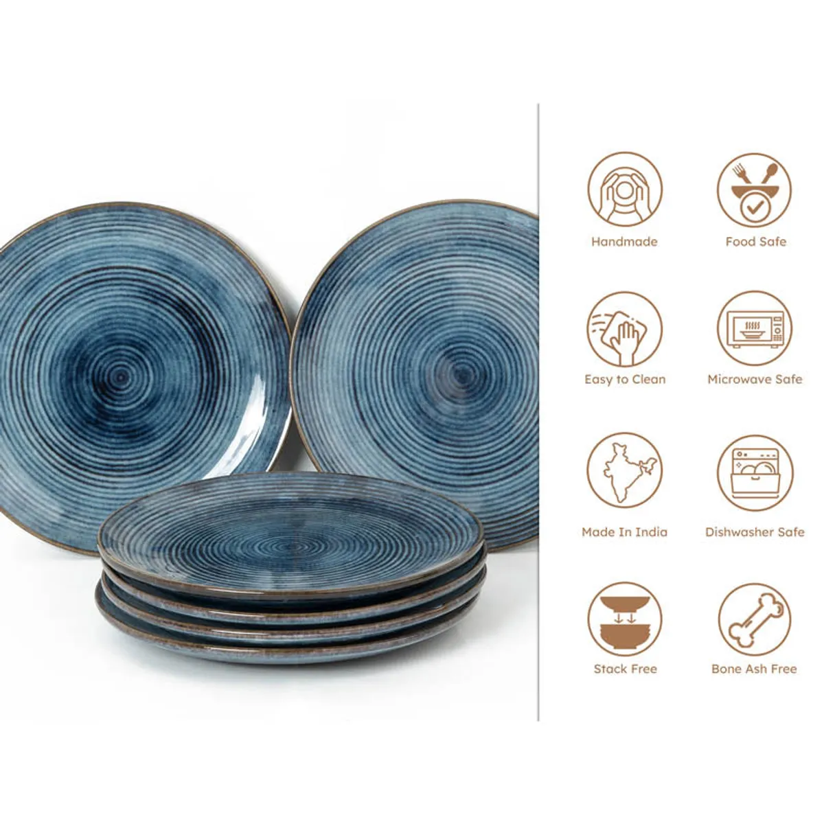 Blue dinner plate set with concentric pattern stacked together