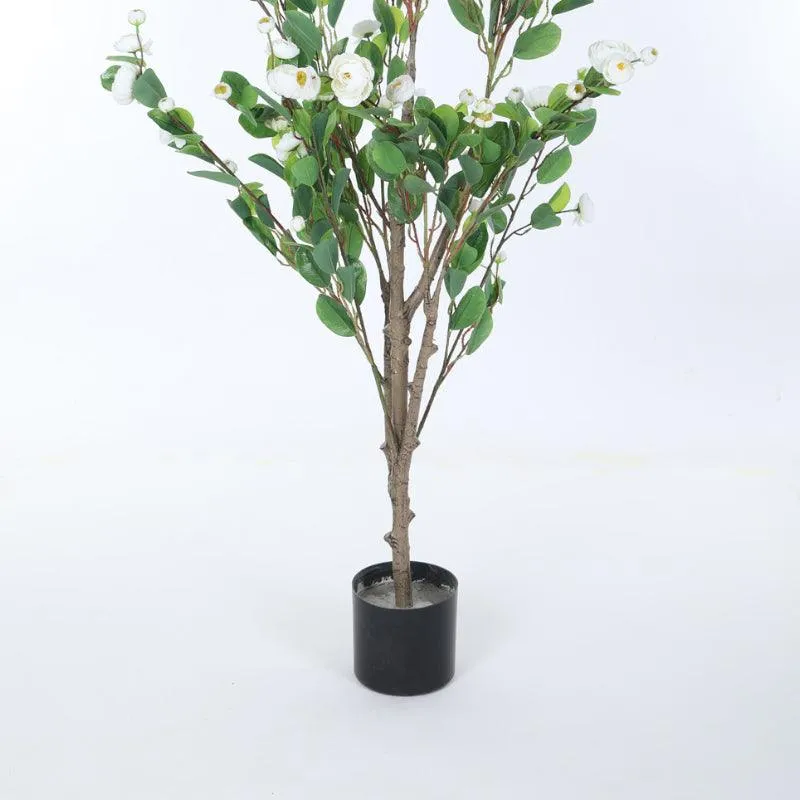 Faux Minio Camelia Rose Plant With Black Plastic Pot (3.94 ft) - White media 5