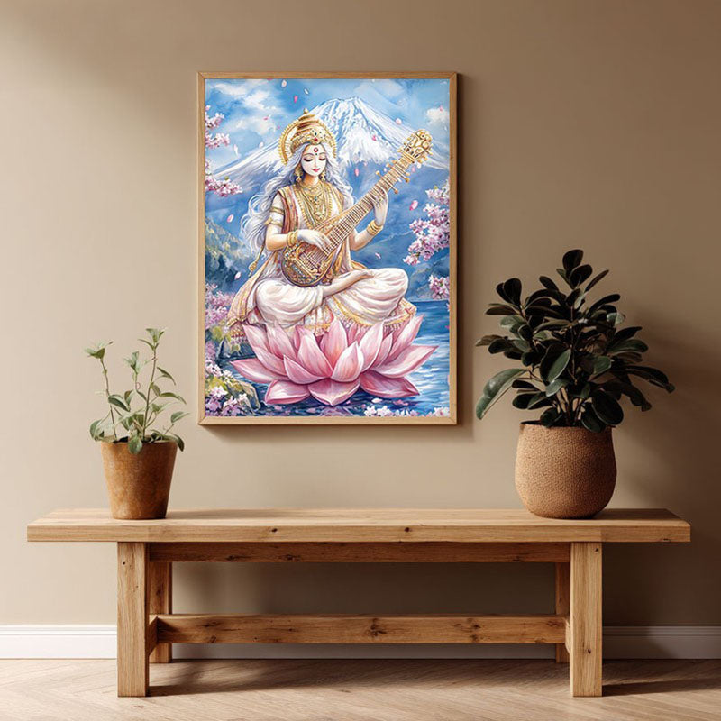 Vidya Dhayini Spiritual Archival Paper Wall Painting - Natural Brown Frame