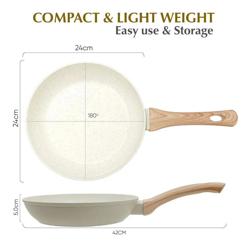 Top and side view of white speckled frying pan with long handle