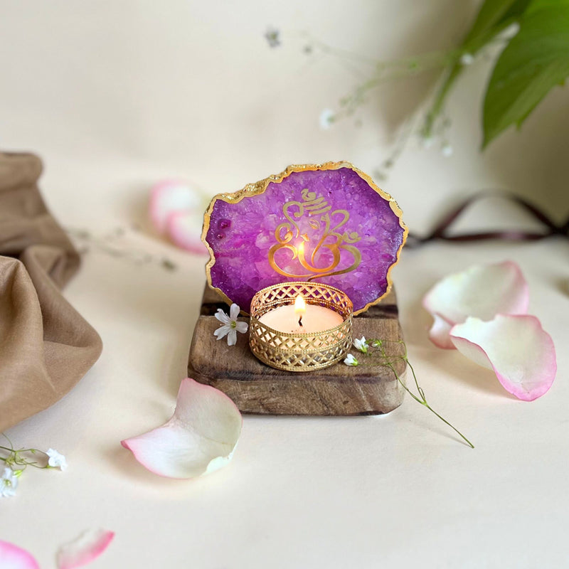 Ganesha Handcrafted Agate Religious Accent With Tealight Candle Holder - Pink