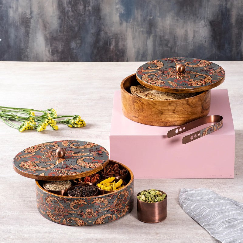 Naturix Teak Wood Round Masala Box - Three Piece Set - 40 ML