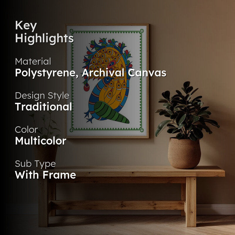 Royal Peacock Framed Madhubhani Canvas Archival Canvas Wall Painting - Natural Brown Frame media 2