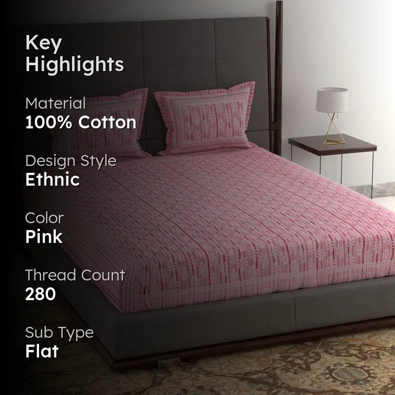 Saavika Printed Cotton Bedsheet (Pink) - 280 TC media 2