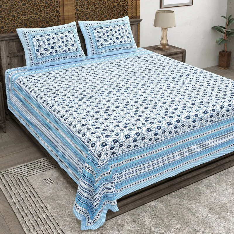 Crafto Cotton Bedsheet (Blue,White) - 240 TC media 1