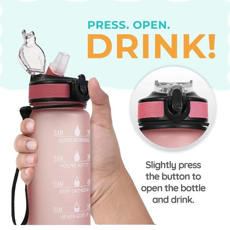 Hand holding pink water bottle with push-open flip lid and strap